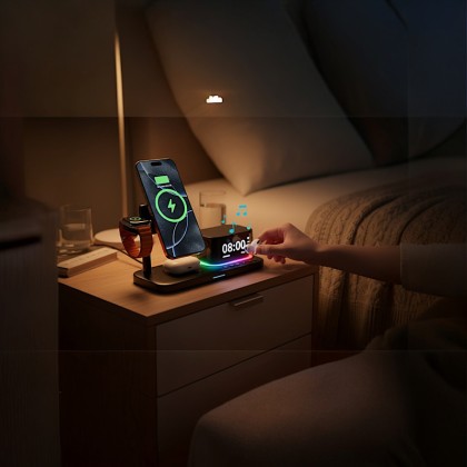 Premium 5-in-1 Wireless Charging Hub (25W) with Integrated Bluetooth Speaker