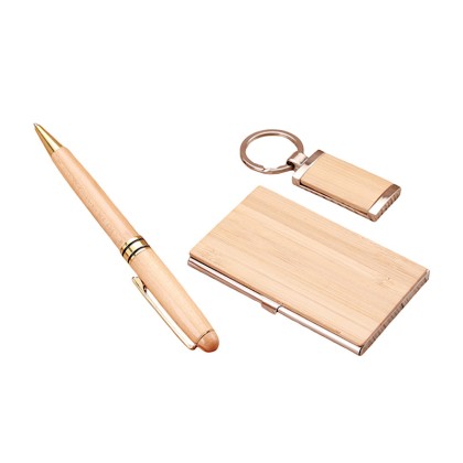 Premium 3-in-1 Eco-Friendly Bamboo Gift Set: Pen, Name Card Holder & Keychain