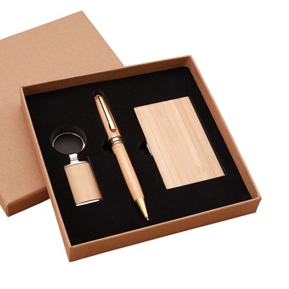 Premium 3-in-1 Eco-Friendly Bamboo Gift Set: Pen, Name Card Holder & Keychain