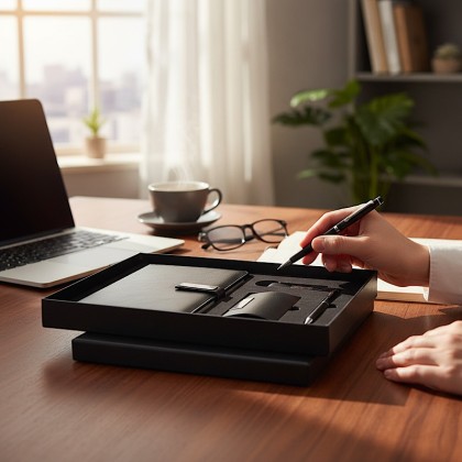 Premium Executive Business Gift Set: A5 Notebook, Signature Pen, Name Card Case & Keychain
