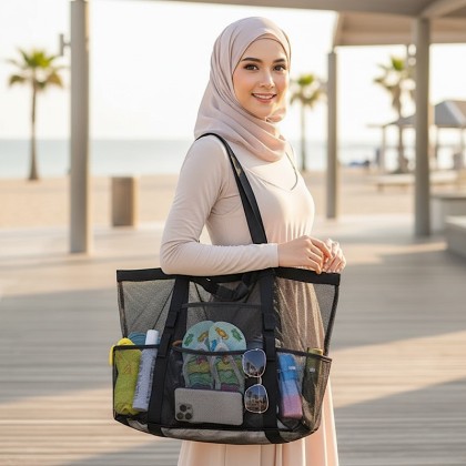 Premium Large Mesh Shoulder Tote Picnic Bag for Beach and Outdoor Travel