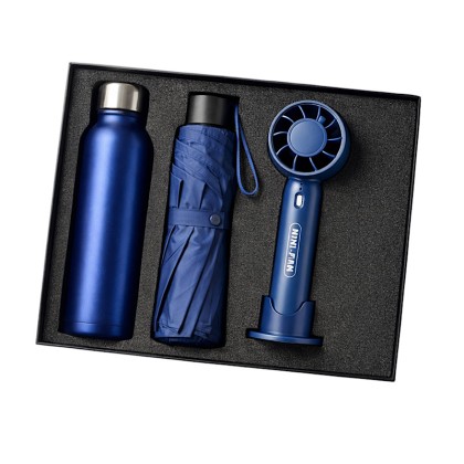 Premium Executive 3-Piece Gift Bundle: 21" Foldable Umbrella, Stainless Steel Sport Bottle & Rechargeable Mini Fan