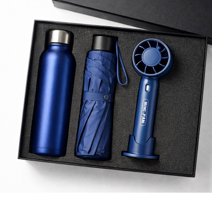 Premium Executive 3-Piece Gift Bundle: 21" Foldable Umbrella, Stainless Steel Sport Bottle & Rechargeable Mini Fan
