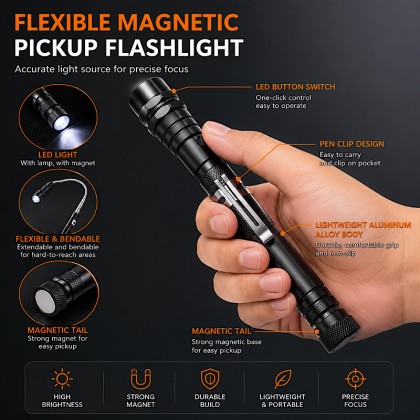 Premium Telescopic Magnetic 3-LED Work Flashlight with 360° Flexible Rotating Neck & Pocket Clip