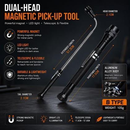 Premium Telescopic Magnetic 3-LED Work Flashlight with 360° Flexible Rotating Neck & Pocket Clip