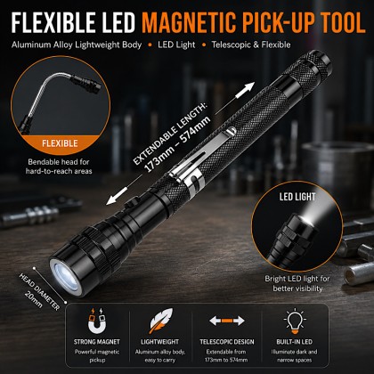 Premium Telescopic Magnetic 3-LED Work Flashlight with 360° Flexible Rotating Neck & Pocket Clip