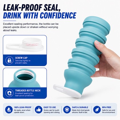 Premium 600ml Reusable Foldable Silicone Water Bottle with Leak-Proof Screw Cap and Carabiner