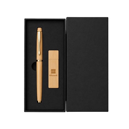 Premium 2-in-1 Eco-Friendly Sustainable Bamboo Executive Gift Set: Ballpoint Writing Pen & USB Flash Drive with Premium Presentation Box