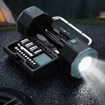Premium Outdoor Emergency Tool Station: LED Flashlight & Lantern with 16-Piece Hardware Kit & Compass