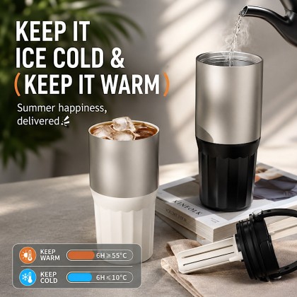 Premium 750ml Dual-Drink Insulated Travel Tumbler: 316 Stainless Steel & Ceramic Inner Liner with Integrated Carry Handle