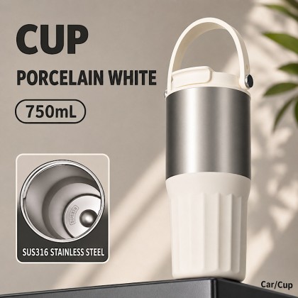 Premium 750ml Dual-Drink Insulated Travel Tumbler: 316 Stainless Steel & Ceramic Inner Liner with Integrated Carry Handle
