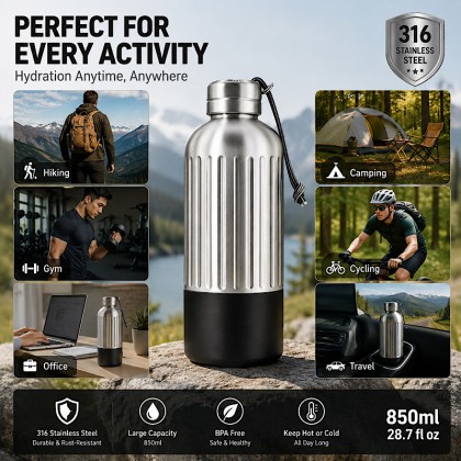 Premium 850ml Modern Minimalist Vacuum Insulated Water Bottle: 316 Stainless Steel Inner with Braided Lanyard