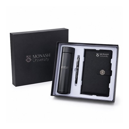 Premium 3-Piece Executive Corporate Gift Set: Matte Black Thermal Flask, Textured Notebook with Gold Clasp, and Metal Pen