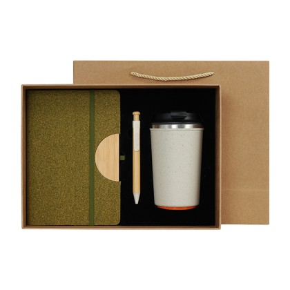 Premium Eco-Conscious 3-Piece Executive Gift Set: A5 Tea Residue PU Notebook, Matching Pen & 304 Stainless Steel Anti-Spill Suction Mug