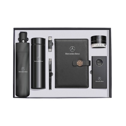 Ultimate 7-Piece Smart Business Gift Set: 10000mAh Power Bank, Smart Temperature Flask, Automatic Umbrella, Bluetooth Speaker, Dual-USB, PU Notebook & Metal Pen