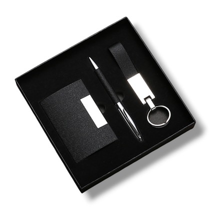 Premium 3-Piece Executive Coordination Set: Textured Business Card Holder, Matching Metal Pen, and Keychain in Gift Box