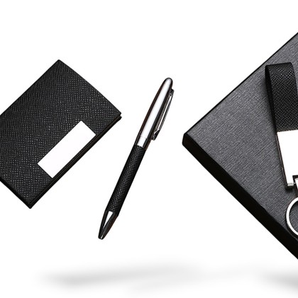 Premium 3-Piece Executive Coordination Set: Textured Business Card Holder, Matching Metal Pen, and Keychain in Gift Box