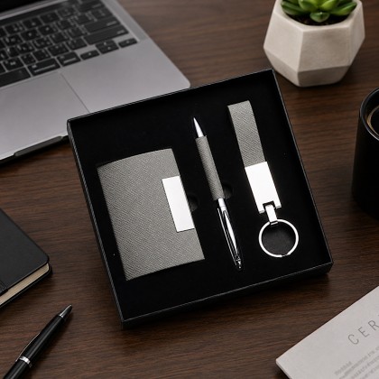Premium 3-Piece Executive Coordination Set: Textured Business Card Holder, Matching Metal Pen, and Keychain in Gift Box