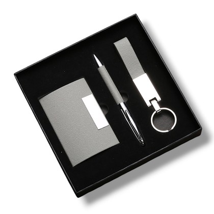 Premium 3-Piece Executive Coordination Set: Textured Business Card Holder, Matching Metal Pen, and Keychain in Gift Box