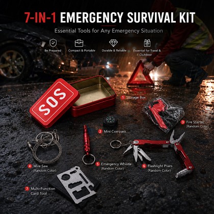 Premium 7-in-1 Emergency Survival Kit: Compact SOS Multi-Tool Set for Travel & Outdoors