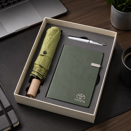 Premium 3-Piece Executive Coordination Set: Custom Notebook with Metal Clasp, Matching Pen, and Wooden Handle Sun/Rain Umbrella