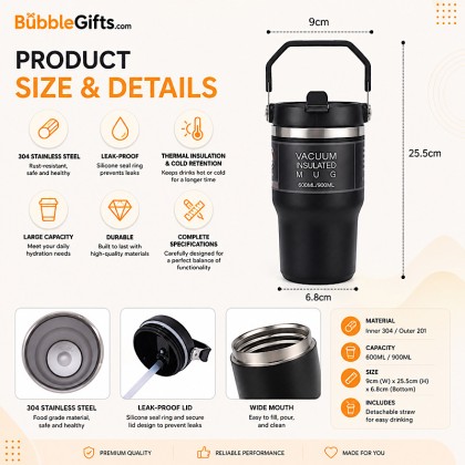 Double-Wall Vacuum Insulated Stainless Steel Travel Mug with Handle & Straw