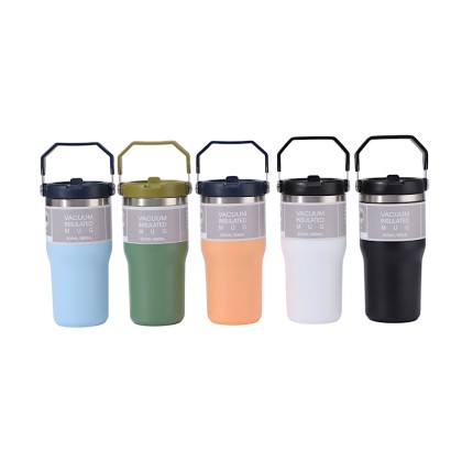 Double-Wall Vacuum Insulated Stainless Steel Travel Mug with Handle & Straw