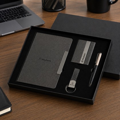 4-Piece Executive Set: Ribbed Notebook, Card Holder, Metal Pen & Keychain