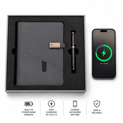 Smart Executive Notebook with Built-in 8000mAh Power Bank, 16GB USB Drive & Metal Pen