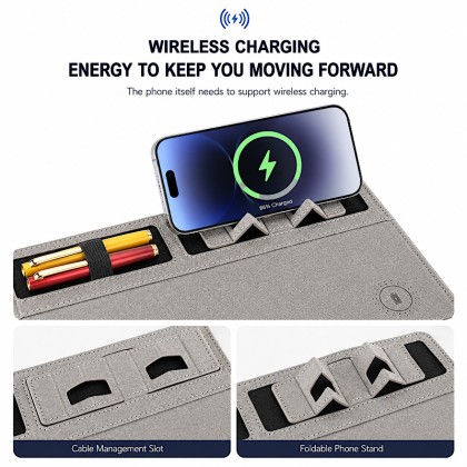 Executive 15W Wireless Charging Mouse Pad with Built-in Phone Stand & Organizer