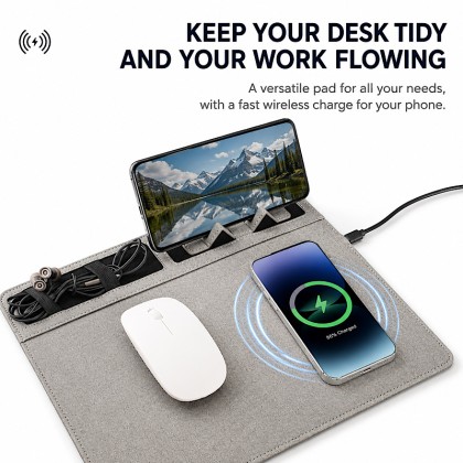 Executive 15W Wireless Charging Mouse Pad with Built-in Phone Stand & Organizer