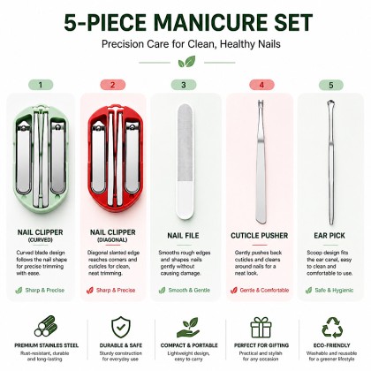 Premium 5-Piece Stainless Steel Manicure Set in Compact Lanyard Travel Case