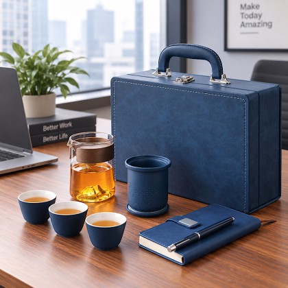 Executive 8-Piece Travel Tea Set & Stationery Organizer in Premium PU Leather Briefcase