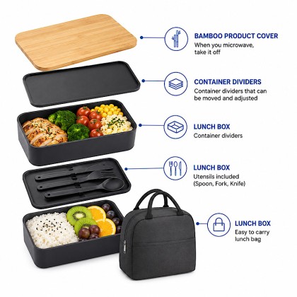 Eco-Chic Commuter Set: 1200ml Dual-Tier Bento Box with Natural Bamboo Lid & Thermal Bag