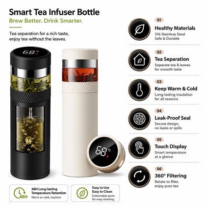 Executive Smart Tea Flask: 500ml 316 Stainless Steel Thermal Bottle with LED Display & Tea Separator