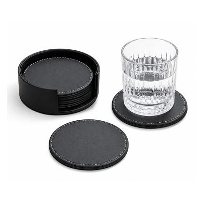 Premium Round Leather Coaster Set with Holder