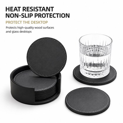 Premium Round Leather Coaster Set with Holder