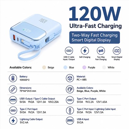 120W Super Fast Charge Power Bank with Built-in Cables