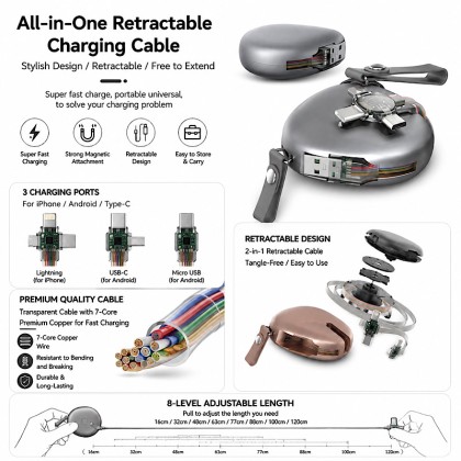 Premium 3-in-1 Retractable Fast Charging & Data Cable