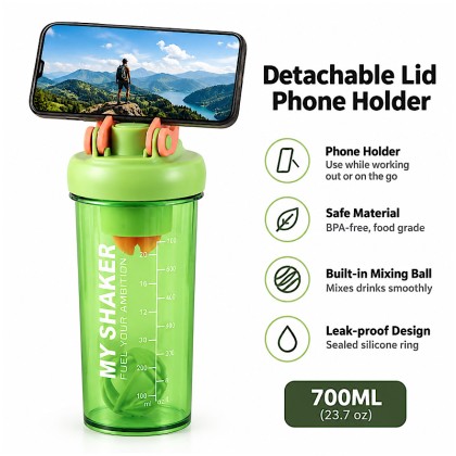 700ml Sports Protein Shaker Bottle with Phone Stand Lid